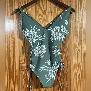 SUNN LAB SWIM Moss Green Floral One Piece Swimsuit Ruched Plunged Neck